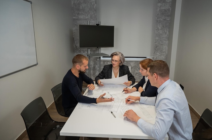 A small team seated around a table in a bright meeting room