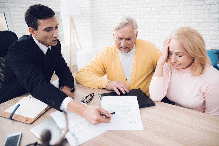 An adviser going through a document with an older couple