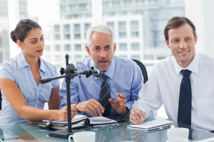 Three people in discussion at a glass meeting table