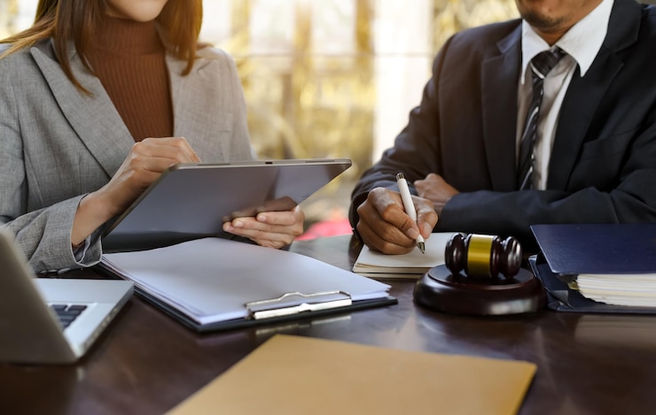 Papers, a tablet and a gavel on a desk during a consultation