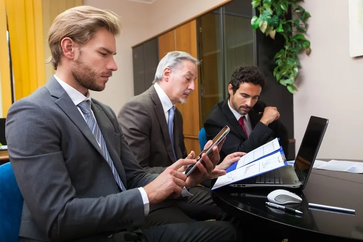 Colleagues checking printed documents beside a laptop